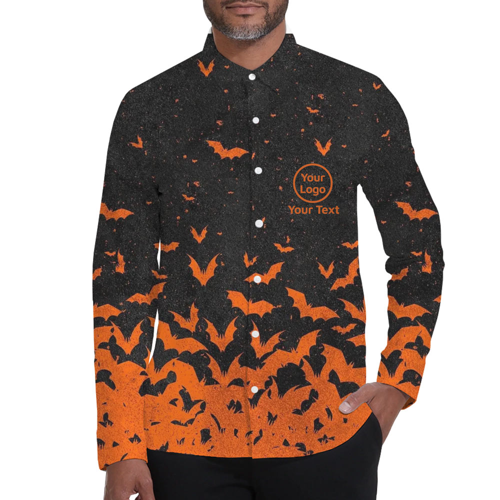 [Live Preview] Long Sleeves Halloween Bat Swarm Custom Logo Hawaiian Shirt - variant image 1