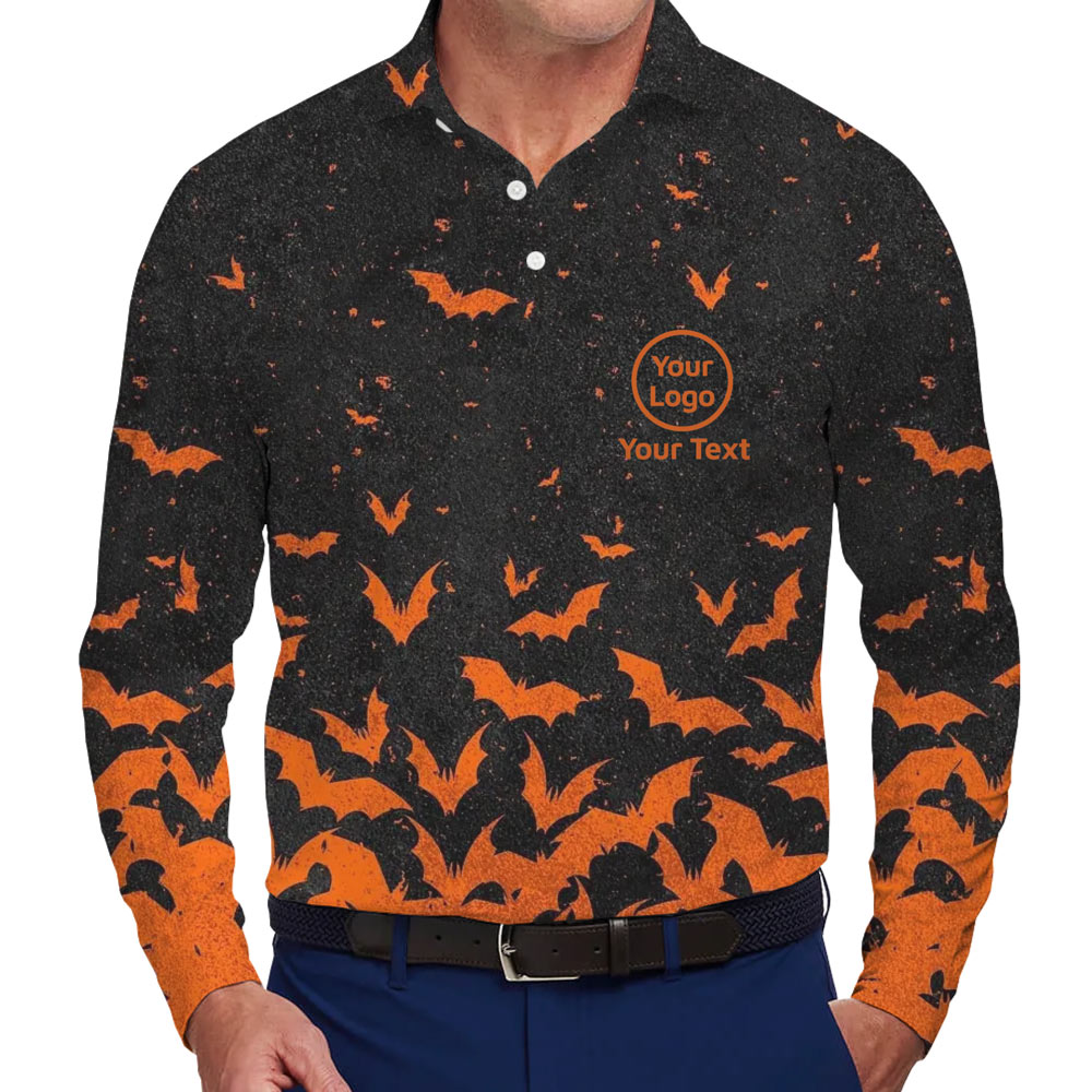 [Live Preview] Custom Logo Halloween Flying Bats Long Sleeves Polo Shirt - variant image 1