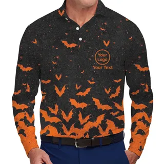 [Live Preview] Custom Logo Halloween Flying Bats Long Sleeves Polo Shirt