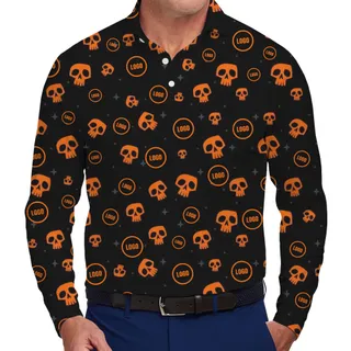 [Live Preview] Creepy Skull Long Sleeves Custom Logo Halloween Polo Shirt