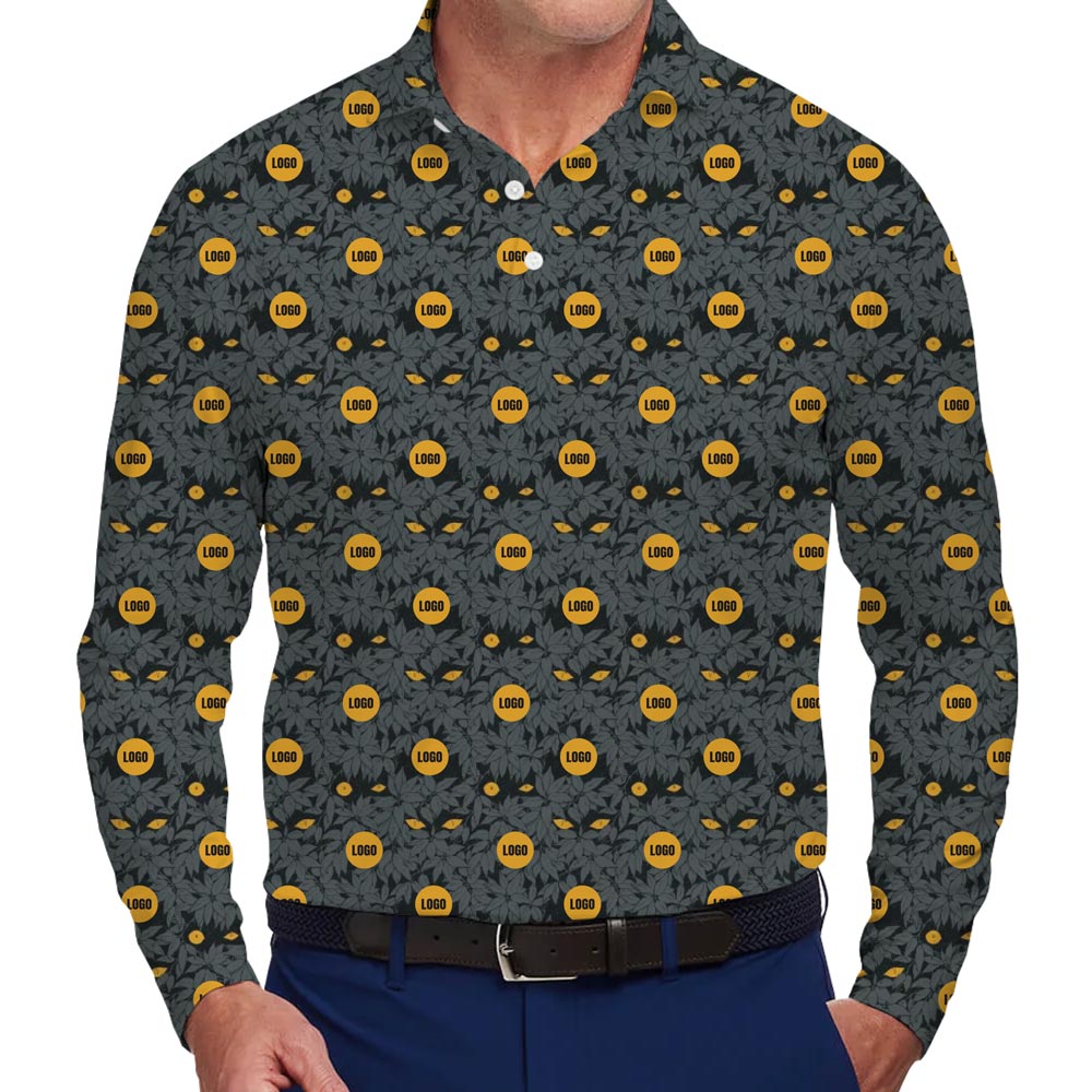 [Live Preview] Custom Company Logo Horror Yellow Eyes Long Sleeves Polo Shirt - variant image 1