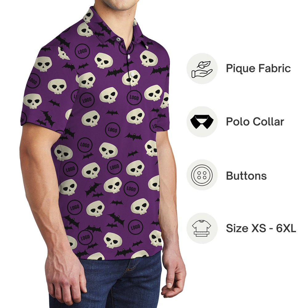 Custom Logo Purple Halloween Bats Skulls Polo Shirt