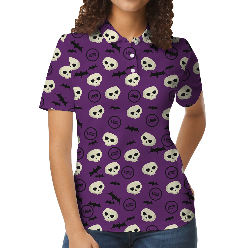 Custom Logo Purple Halloween Bats Skulls Polo Shirt