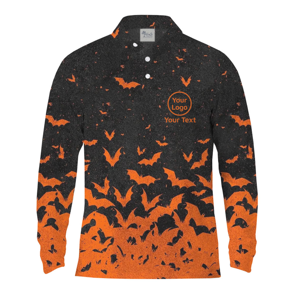[Live Preview] Custom Logo Halloween Flying Bats Long Sleeves Polo Shirt