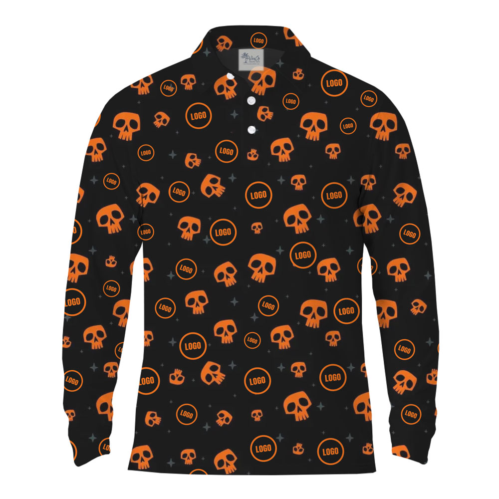 [Live Preview] Creepy Skull Long Sleeves Custom Logo Halloween Polo Shirt
