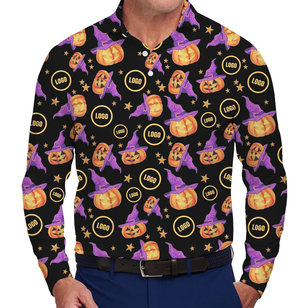 [Live Preview] Custom Logo Long Sleeves Pumpkin Witch Halloween Polo Shirt - variant image 1