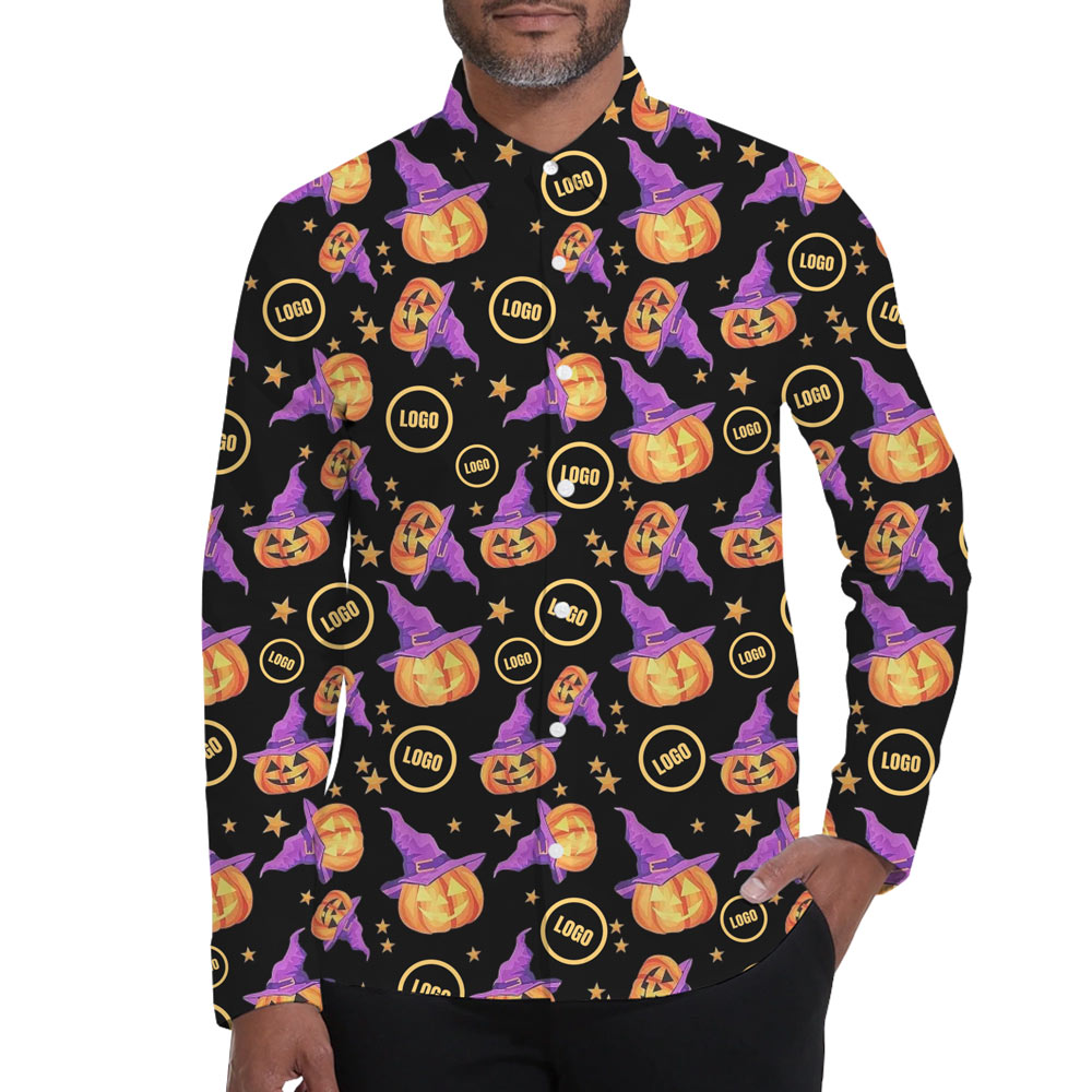 [Live Preview] Halloween Pumpkin Witch Custom Logo Long Sleeves Hawaiian Shirt - variant image 1