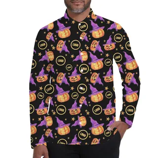 [Live Preview] Halloween Pumpkin Witch Custom Logo Long Sleeves Hawaiian Shirt