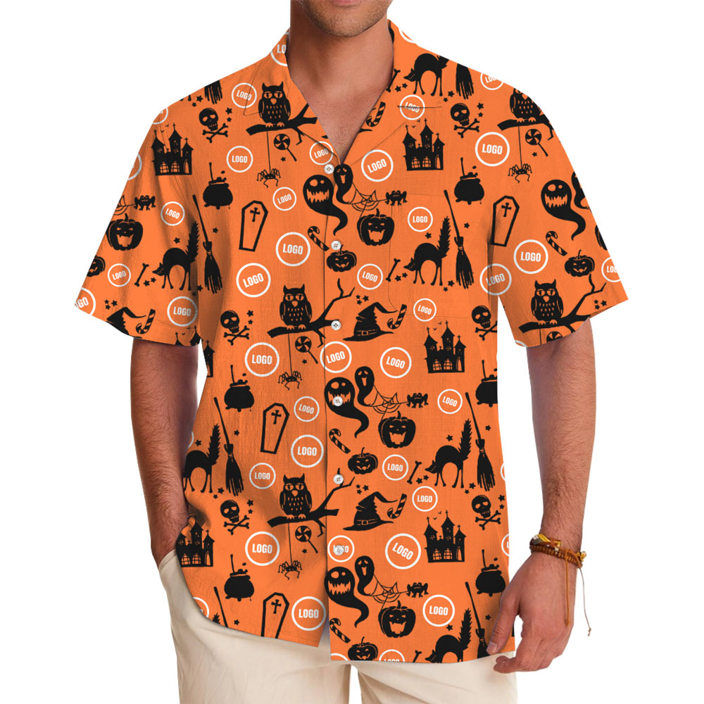 [Live Preview] Halloween Ghost Theme Custom Logo Hawaiian Shirt - variant image 1