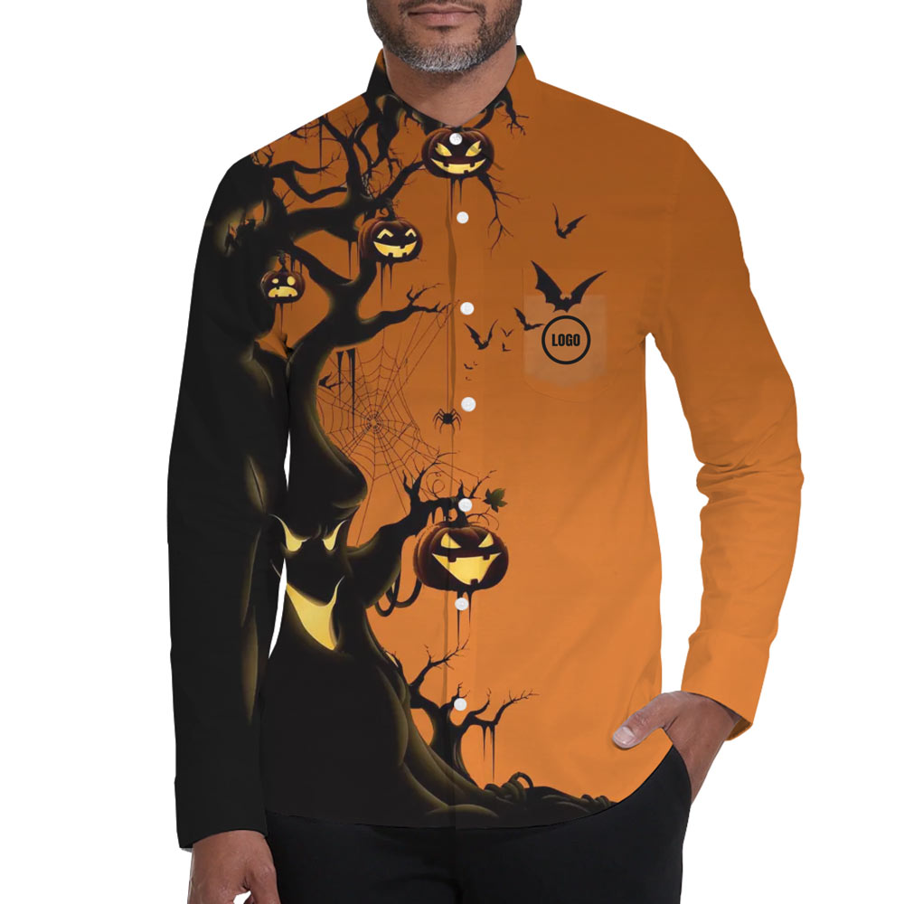 [Live Preview] Halloween Custom Logo Tree Long Sleeves Hawaiian Shirt - variant image 1