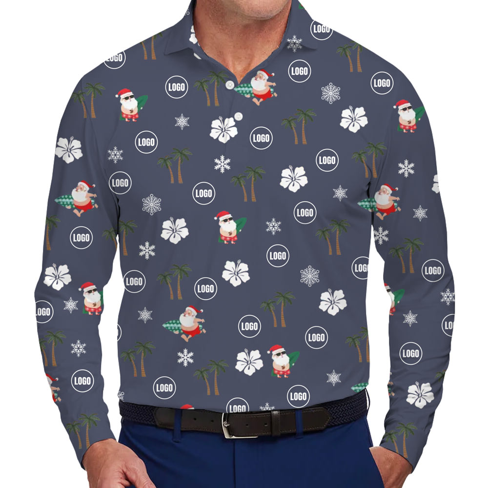 [Live Preview] Custom Logo Long Sleeves Polo Shirt Christmas Happy Santa - variant image 1