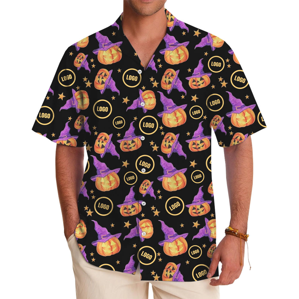 [Live Preview] Halloween Pumpkin Witch Custom Logo Hawaiian Shirt - variant image 1