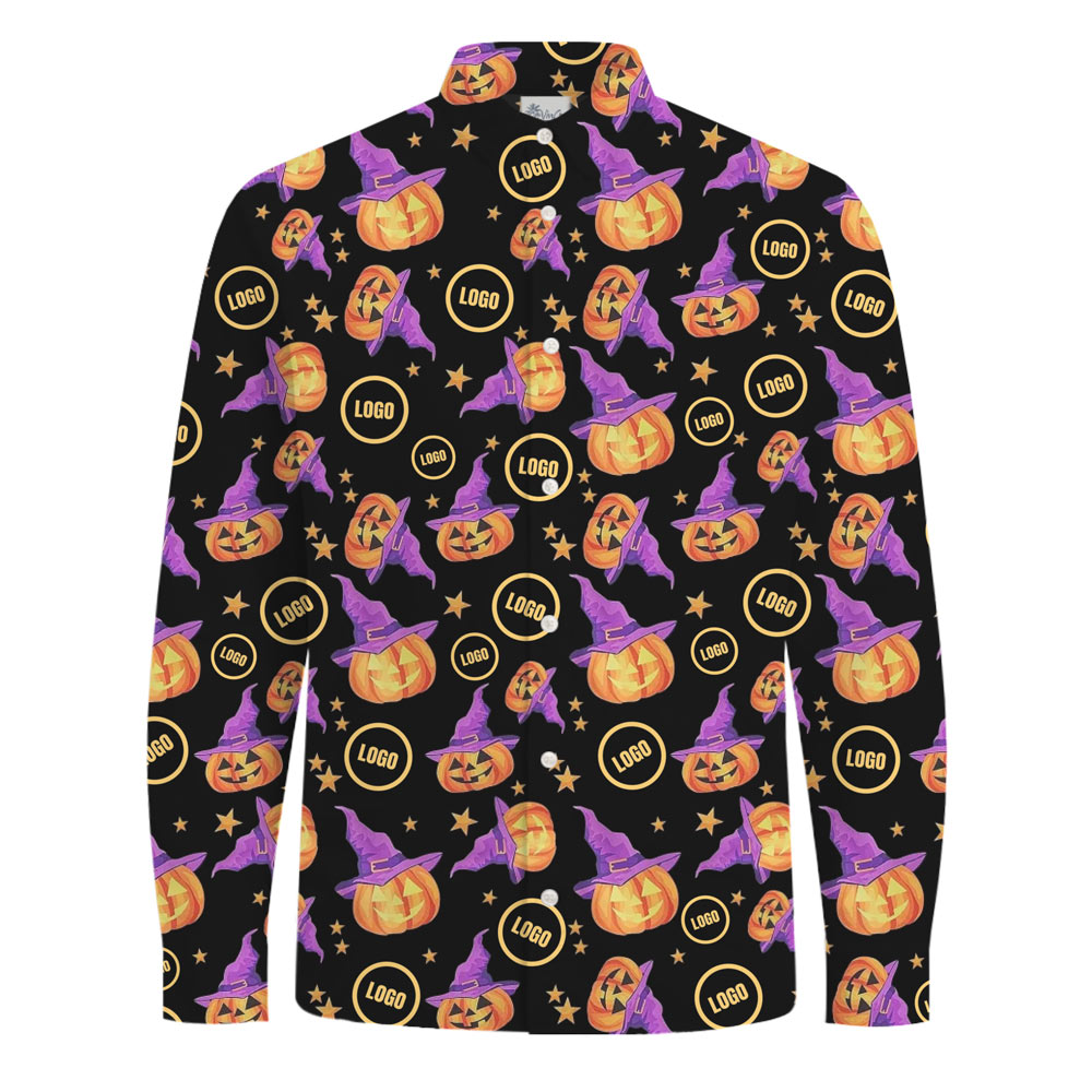 [Live Preview] Halloween Pumpkin Witch Custom Logo Long Sleeves Hawaiian Shirt