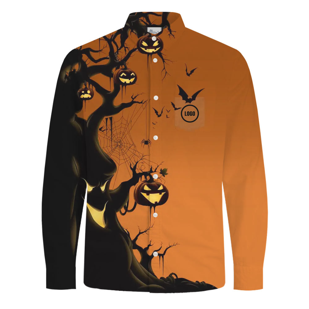 [Live Preview] Halloween Custom Logo Tree Long Sleeves Hawaiian Shirt