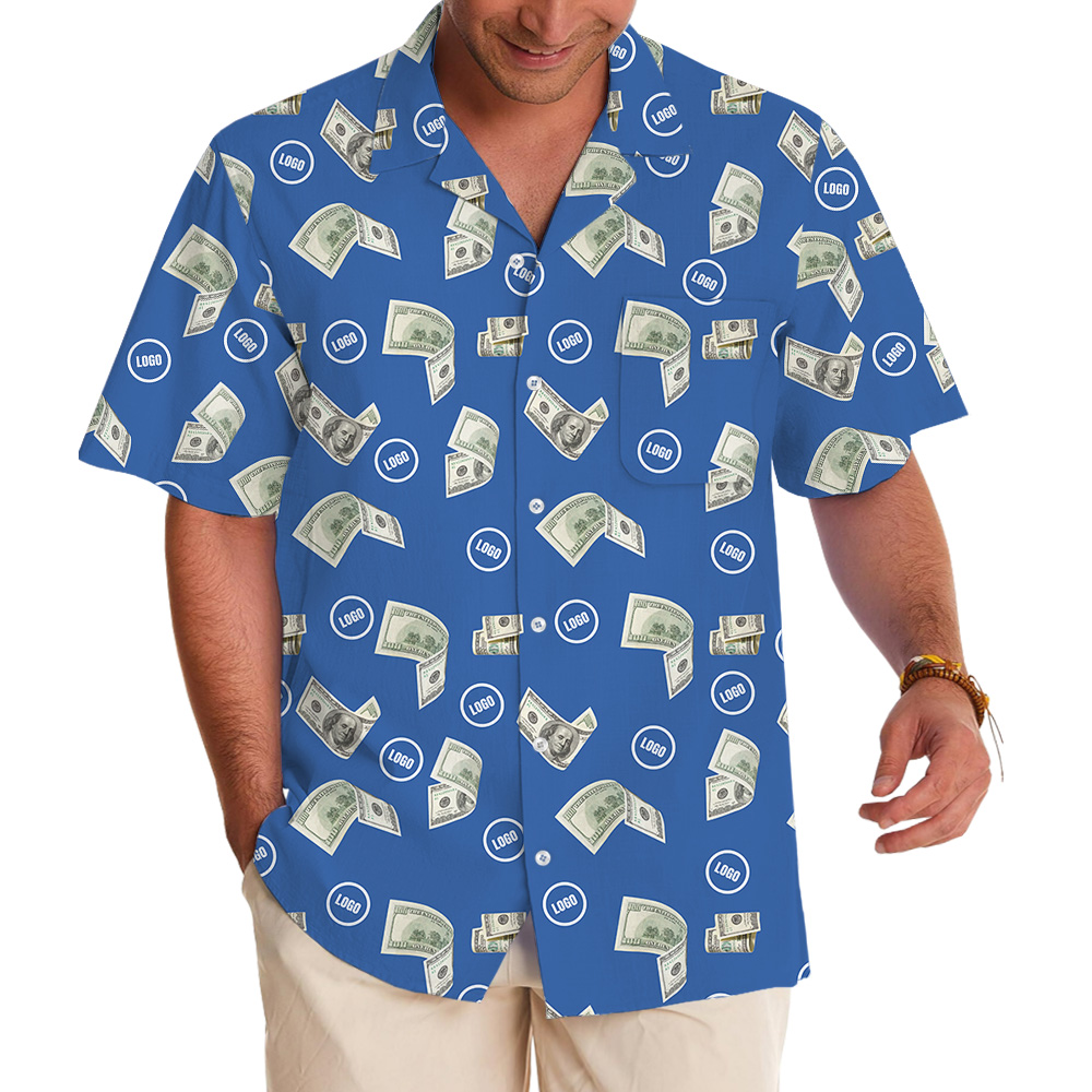 Blue Custom Logo Dollar Bill Pattern Hawaiian Shirt - variant image 1