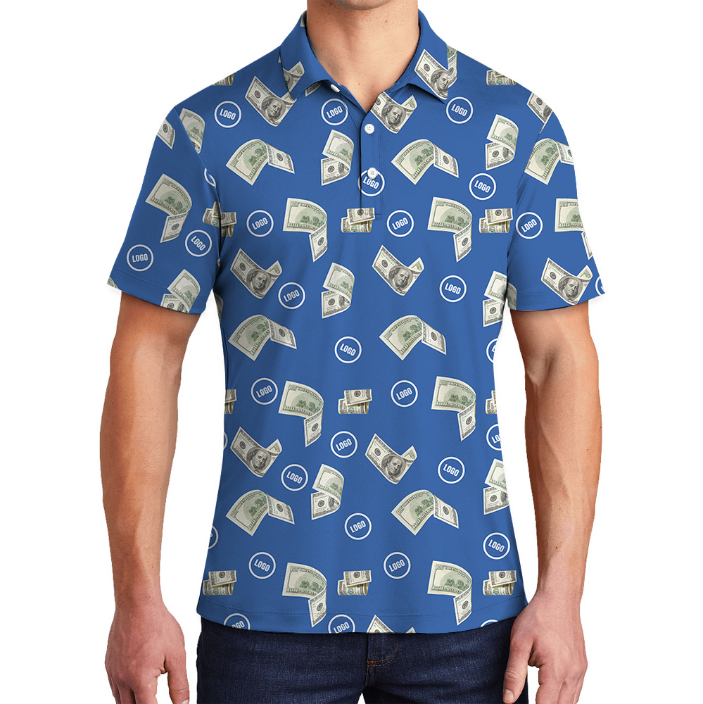 Blue Custom Logo Dollar Bill Pattern Polo Shirt - variant image 1