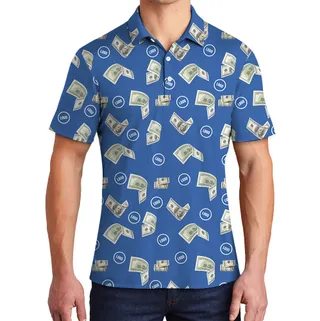 Blue Custom Logo Dollar Bill Pattern Polo Shirt