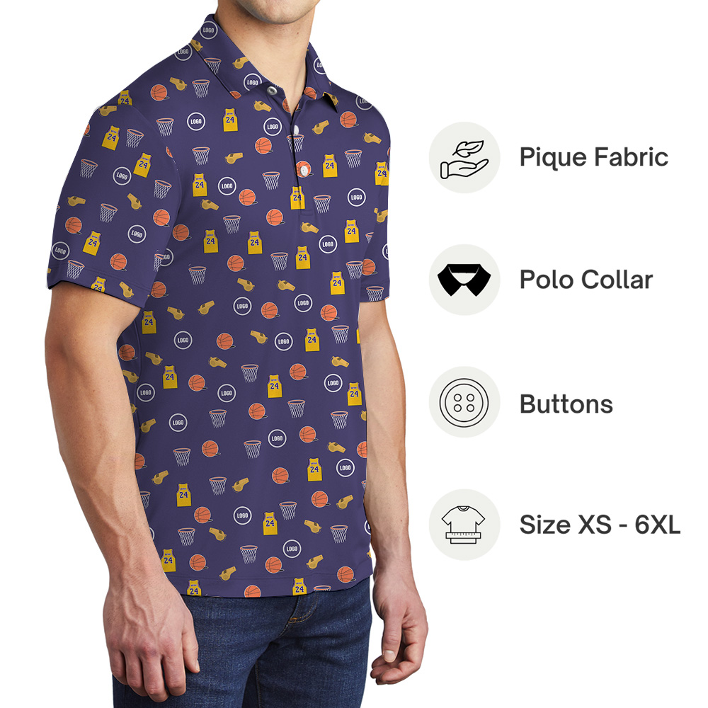 Navy Custom Logo Basketball Theme Polo Shirt