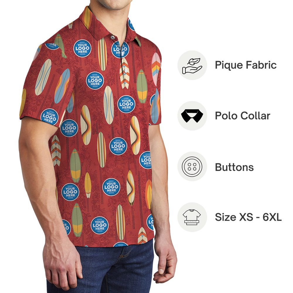 Red Classic Pattern Polo Shirt Custom Logo Surfboard