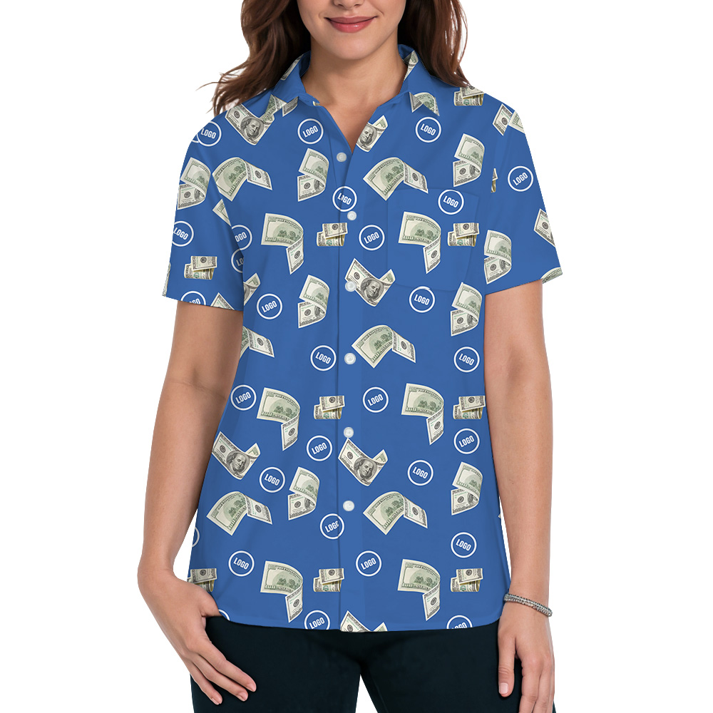 Blue Custom Logo Dollar Bill Pattern Hawaiian Shirt