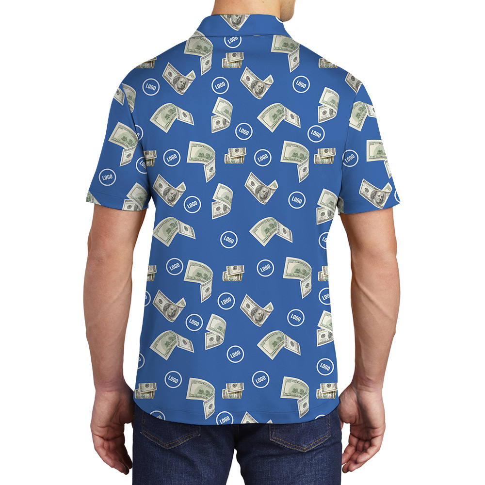 Blue Custom Logo Dollar Bill Pattern Polo Shirt