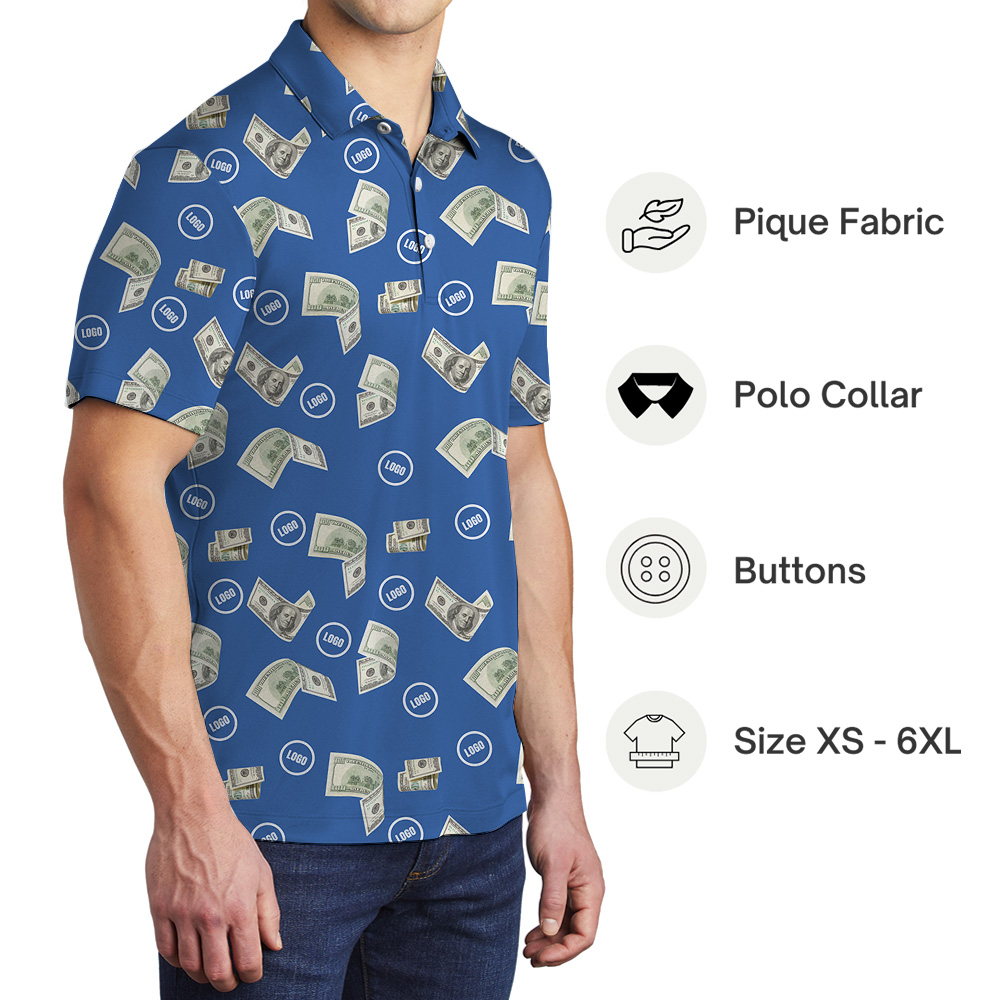 Blue Custom Logo Dollar Bill Pattern Polo Shirt