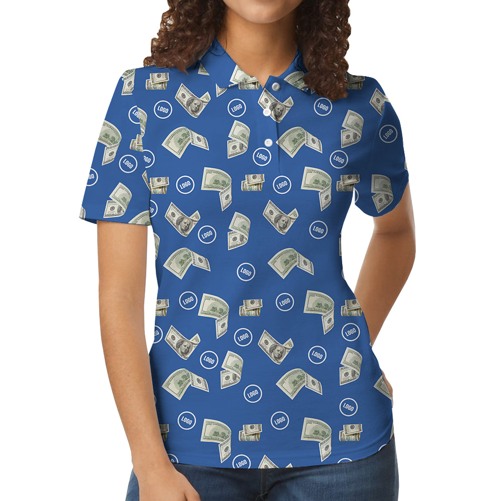 Blue Custom Logo Dollar Bill Pattern Polo Shirt