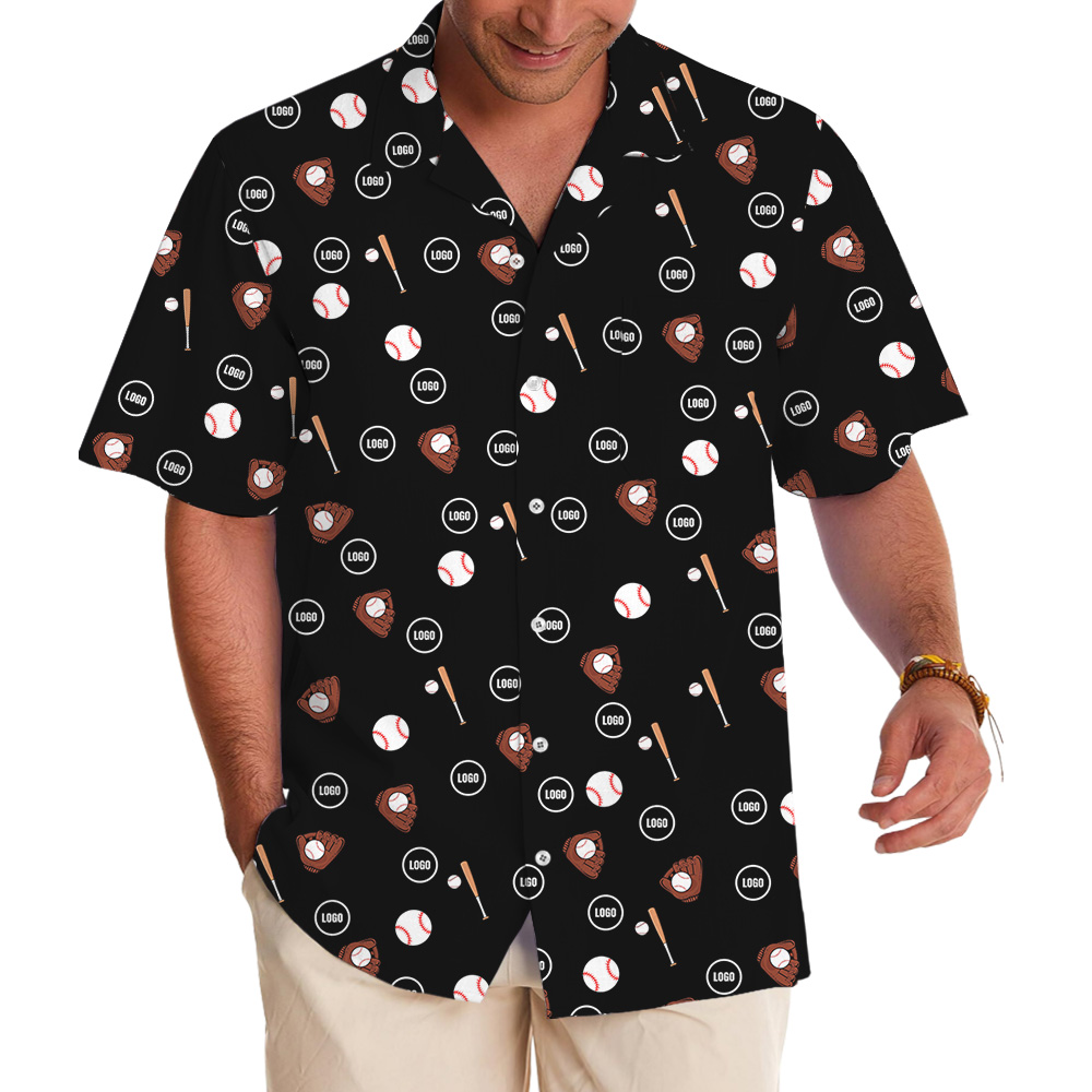 Black Custom Logo Baseball Print Hawaiian Shirt - variant image 1