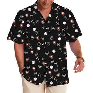 Black Custom Logo Baseball Print Hawaiian Shirt