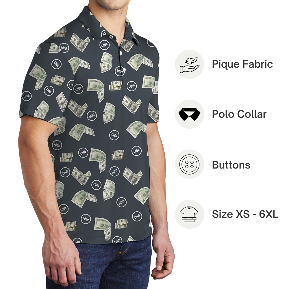 Navy Custom Logo Money Print Polo Shirt