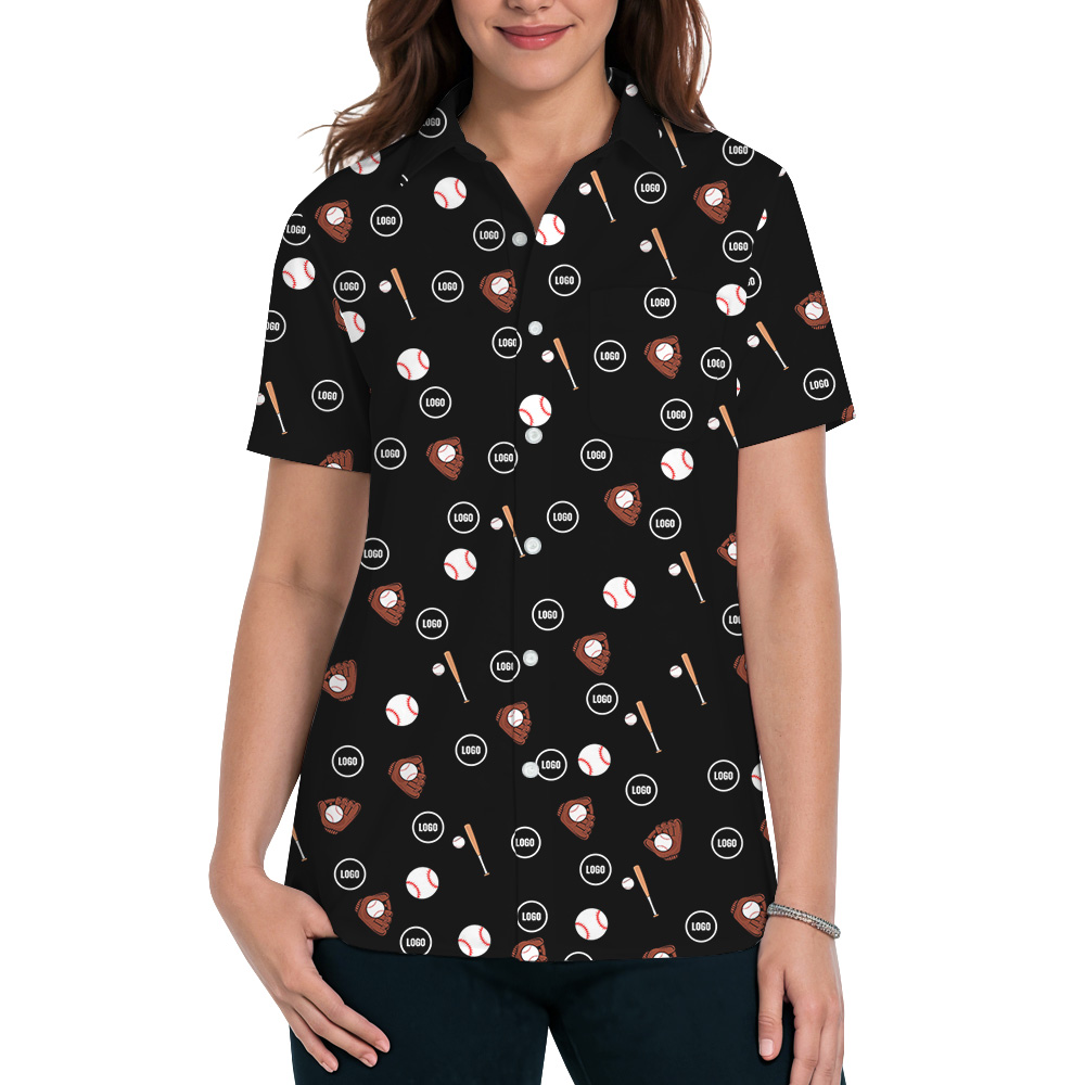 Black Custom Logo Baseball Print Hawaiian Shirt