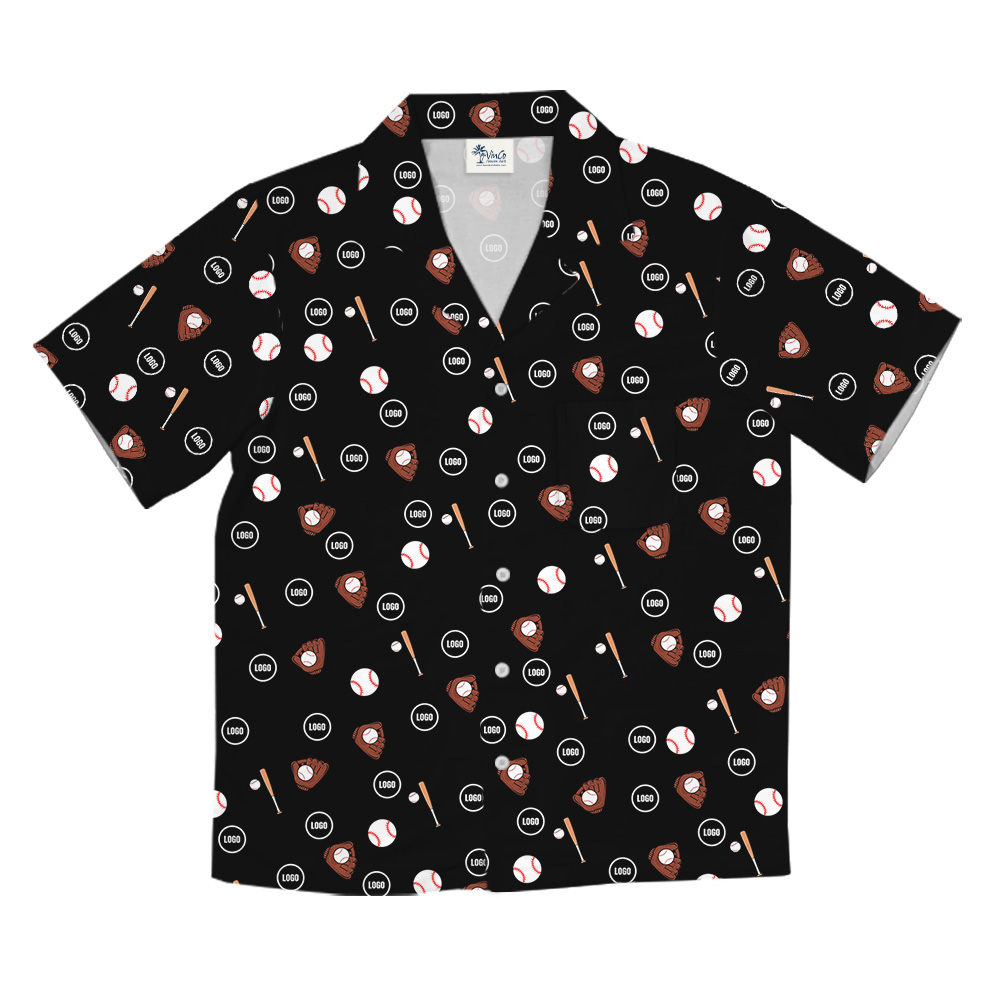 Black Custom Logo Baseball Print Hawaiian Shirt