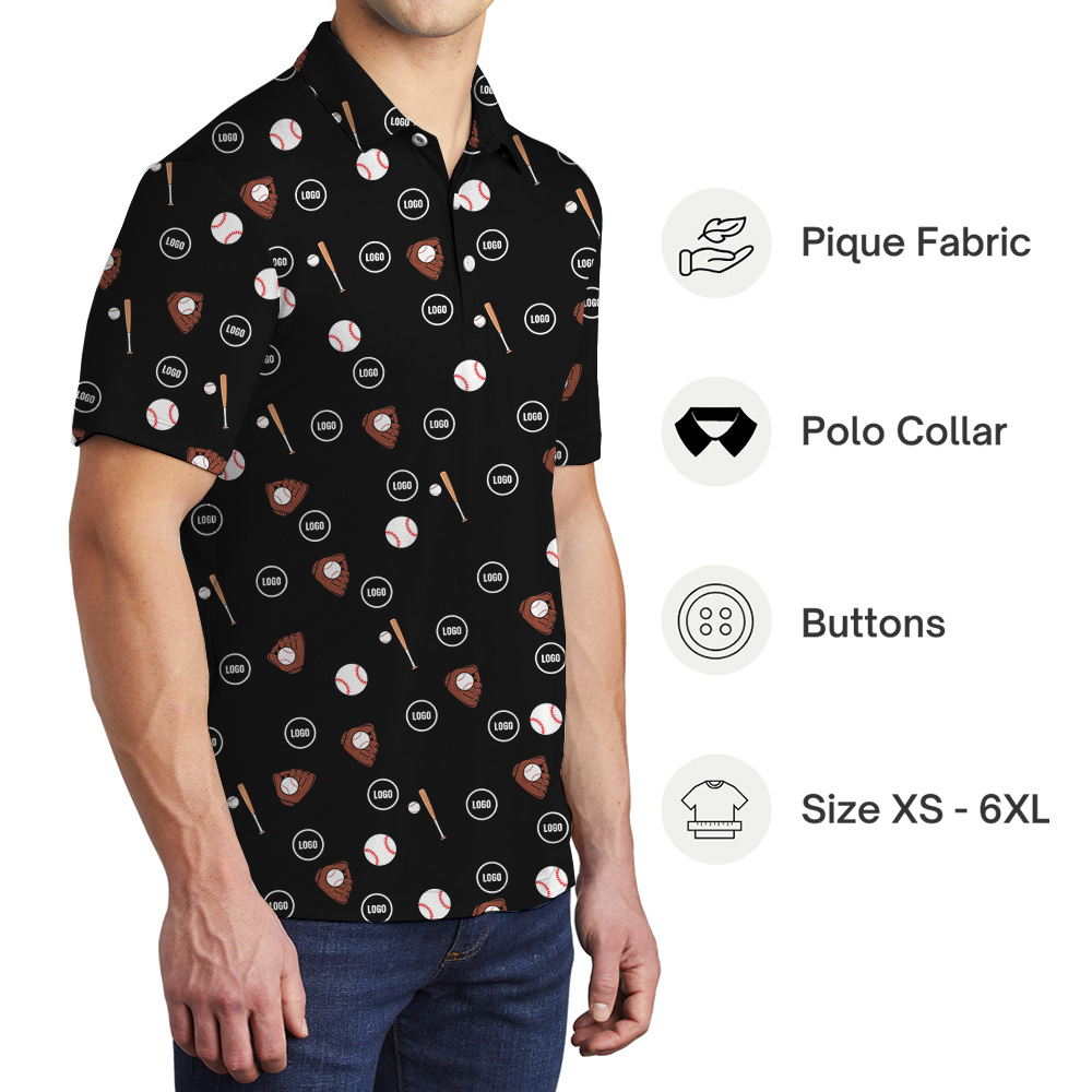 Black Custom Logo Baseball Print Polo Shirt