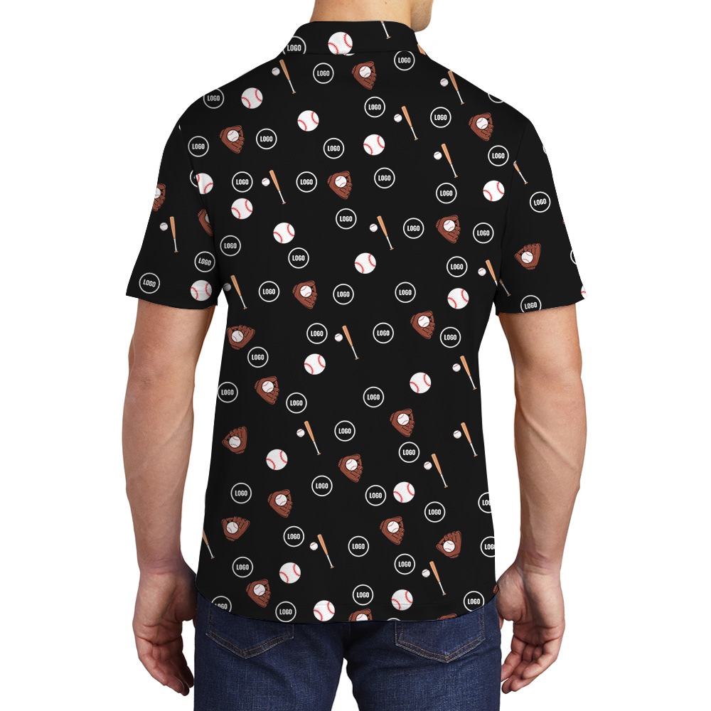 Black Custom Logo Baseball Print Polo Shirt