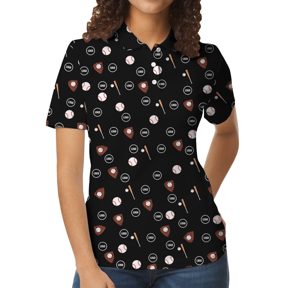 Black Custom Logo Baseball Print Polo Shirt