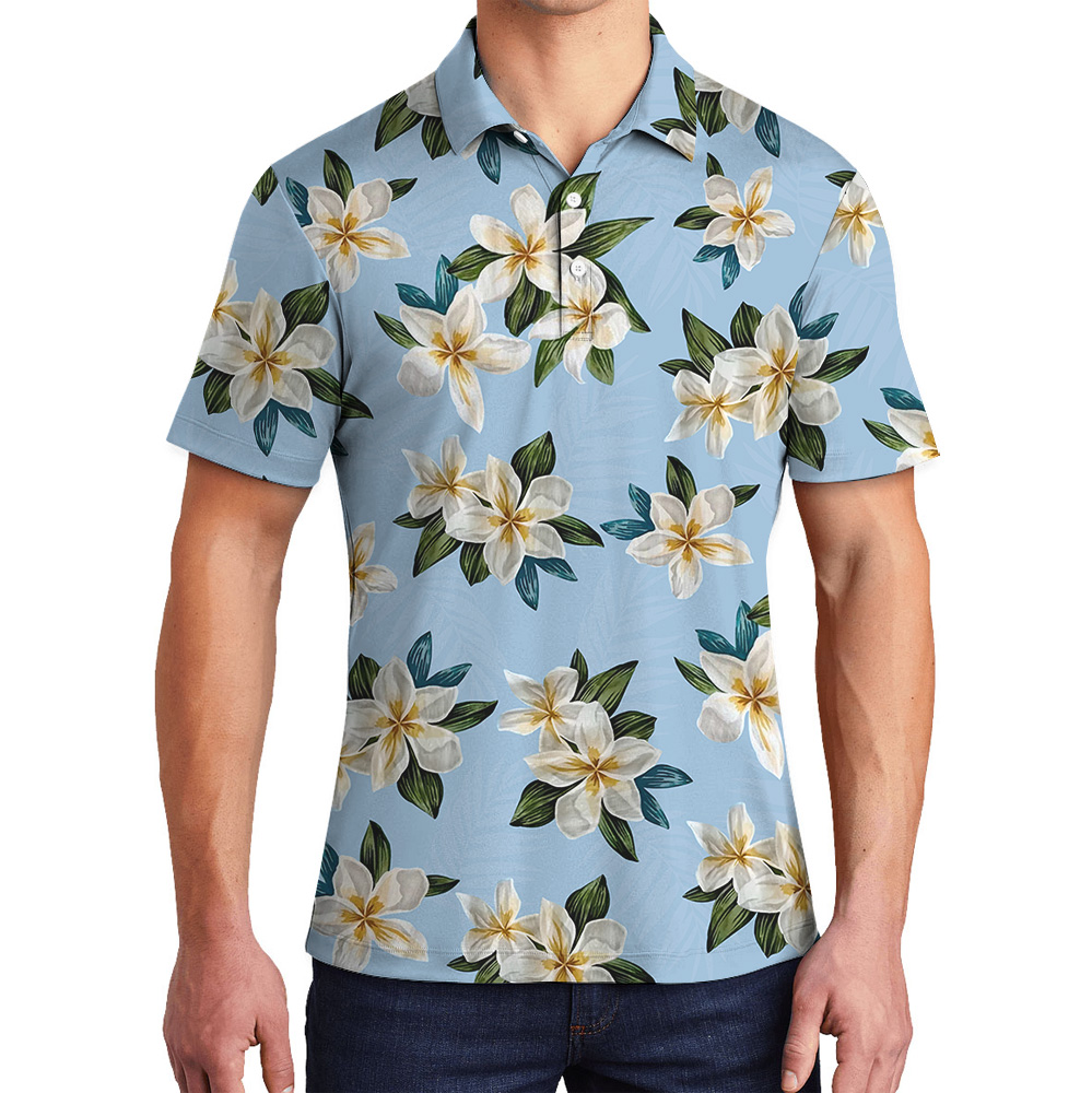 Blue Plumeria Pattern Polo Shirt - variant image 1