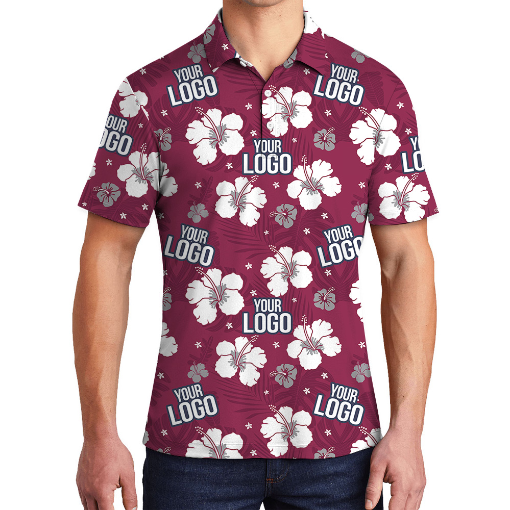 Custom Logo Red Hibiscus Print Polo Shirt - variant image 1