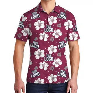 Custom Logo Red Hibiscus Print Polo Shirt