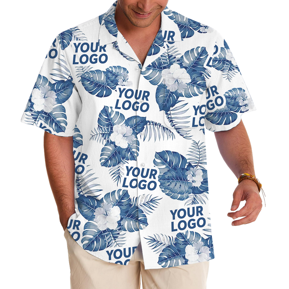 White Custom Logo Hawaiian Shirt With Big Tropical Leaves - variant image 1