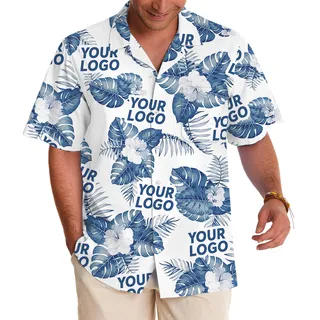 White Custom Logo Hawaiian Shirt With Big Tropical Leaves