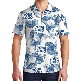 White Custom Logo Polo Shirt With Big Tropical Leaves