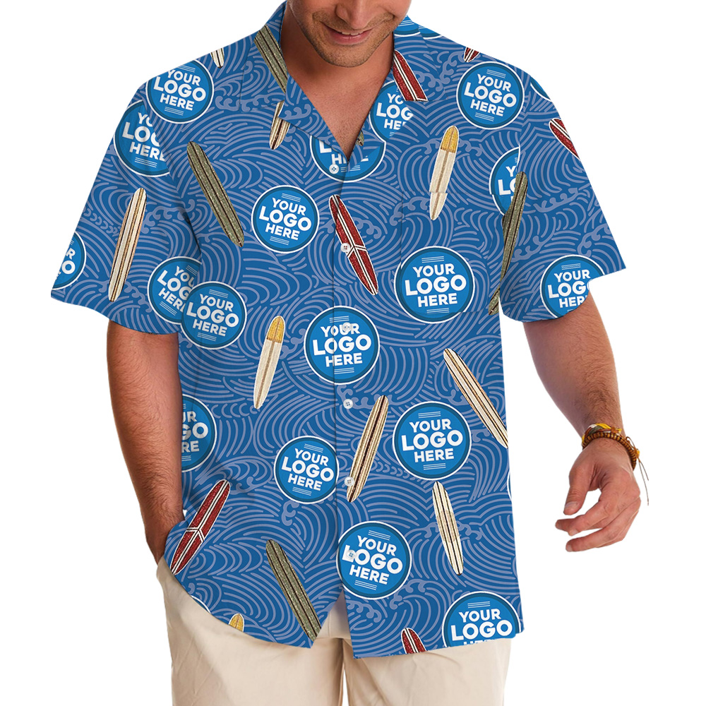 Navy Surfboard Custom Logo Wave Pattern Hawaiian Shirt - variant image 1