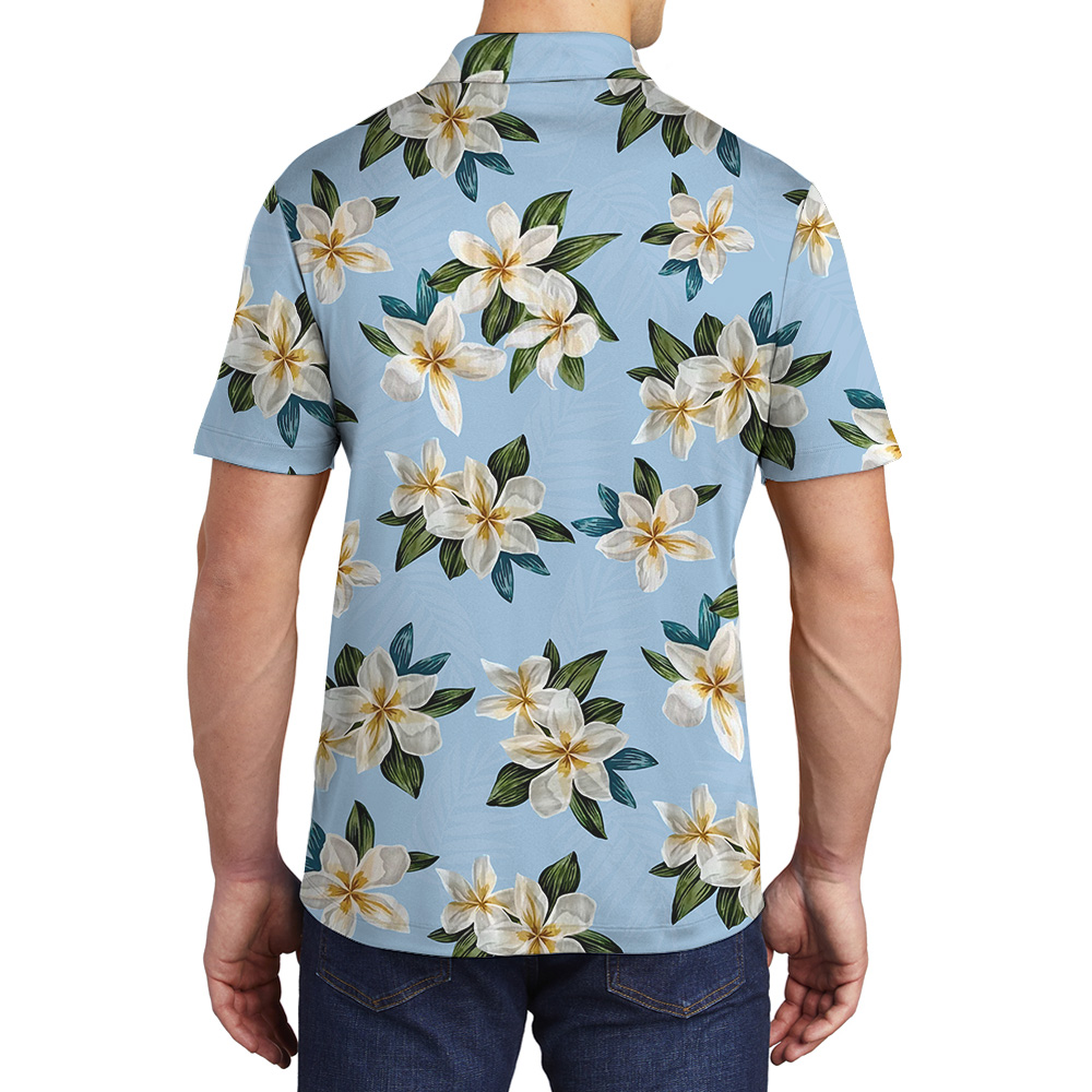 Blue Plumeria Pattern Polo Shirt
