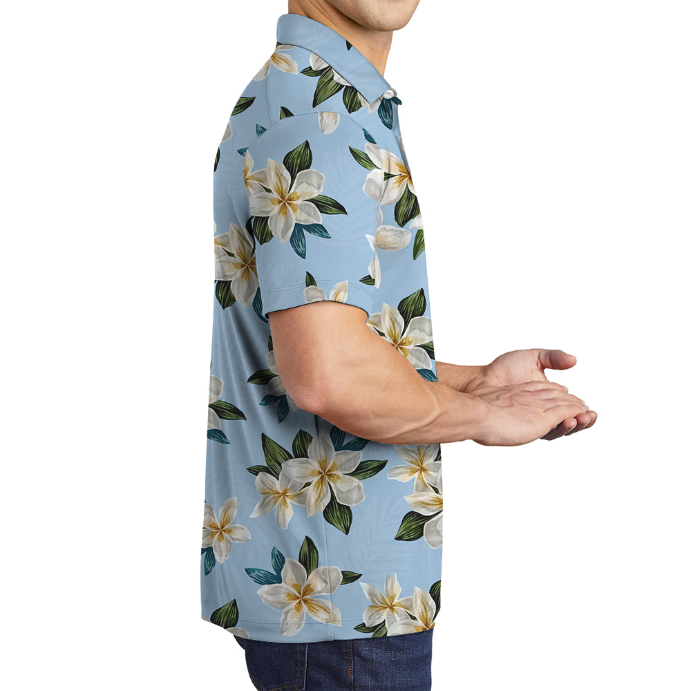 Blue Plumeria Pattern Polo Shirt