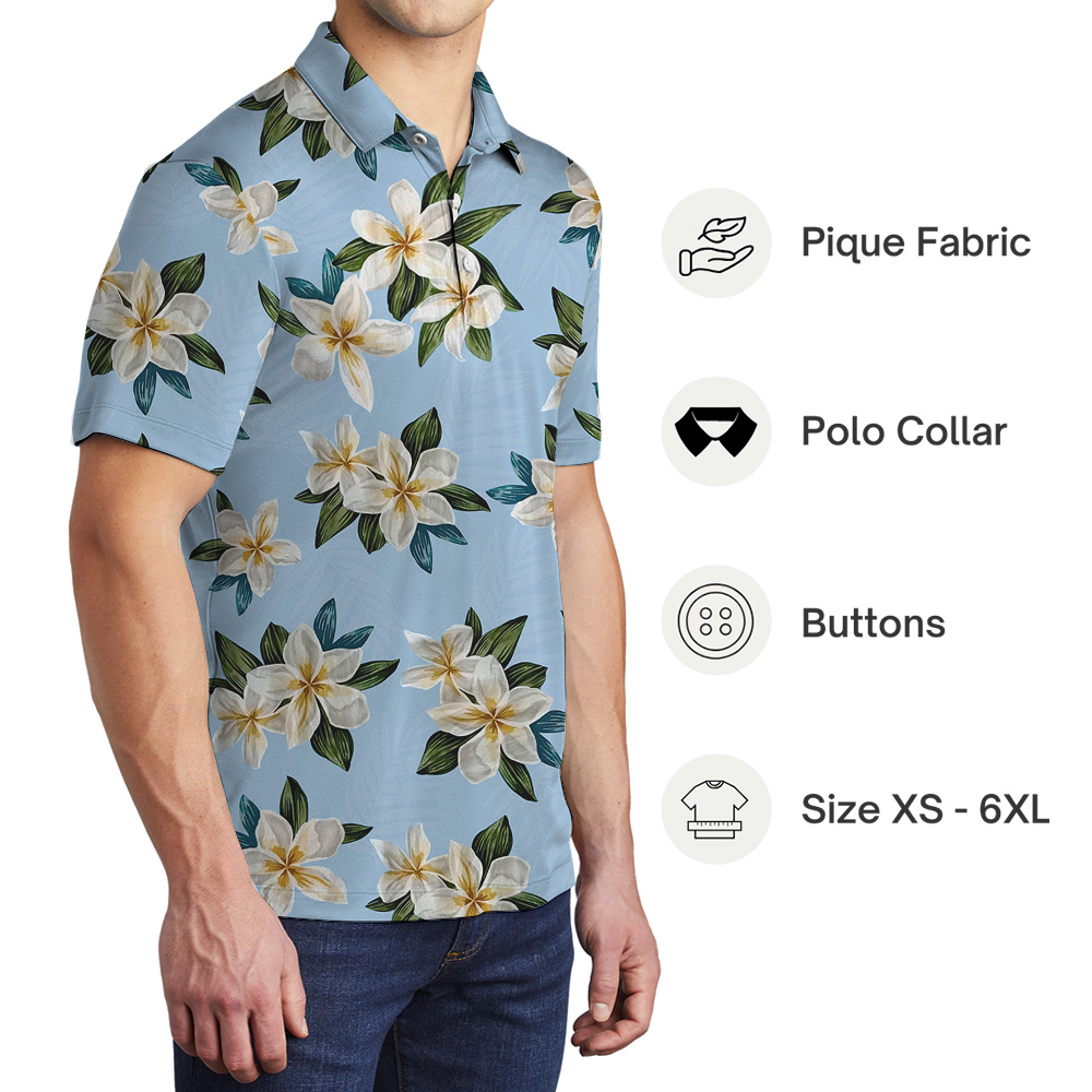 Blue Plumeria Pattern Polo Shirt
