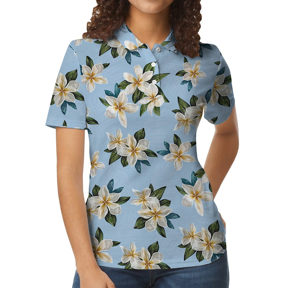 Blue Plumeria Pattern Polo Shirt
