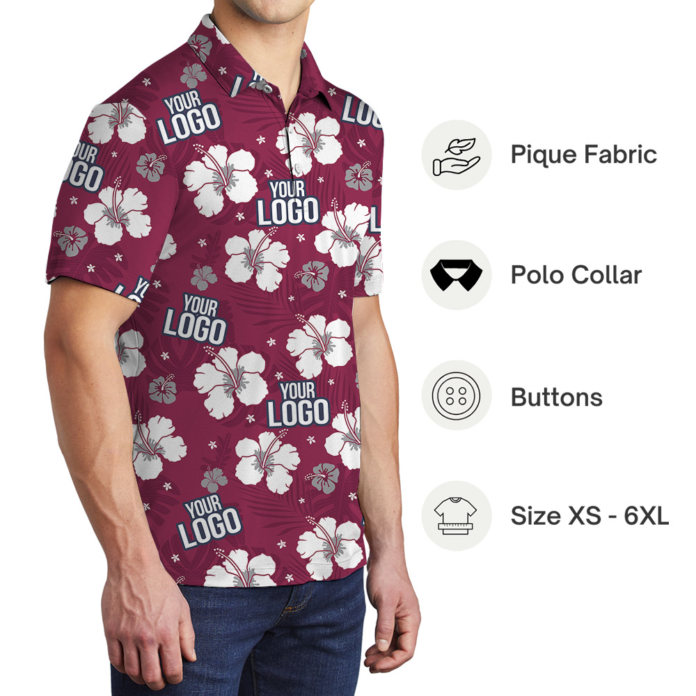 Custom Logo Red Hibiscus Print Polo Shirt