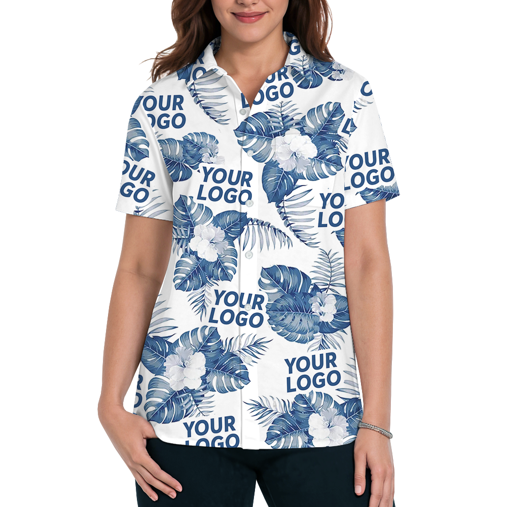 White Custom Logo Hawaiian Shirt With Big Tropical Leaves