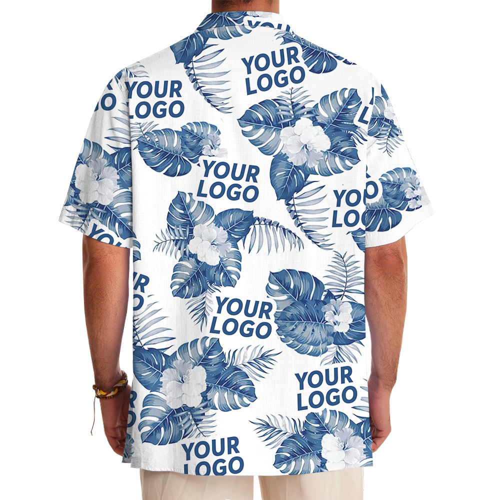 White Custom Logo Hawaiian Shirt With Big Tropical Leaves