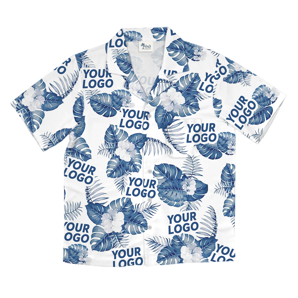 White Custom Logo Hawaiian Shirt With Big Tropical Leaves